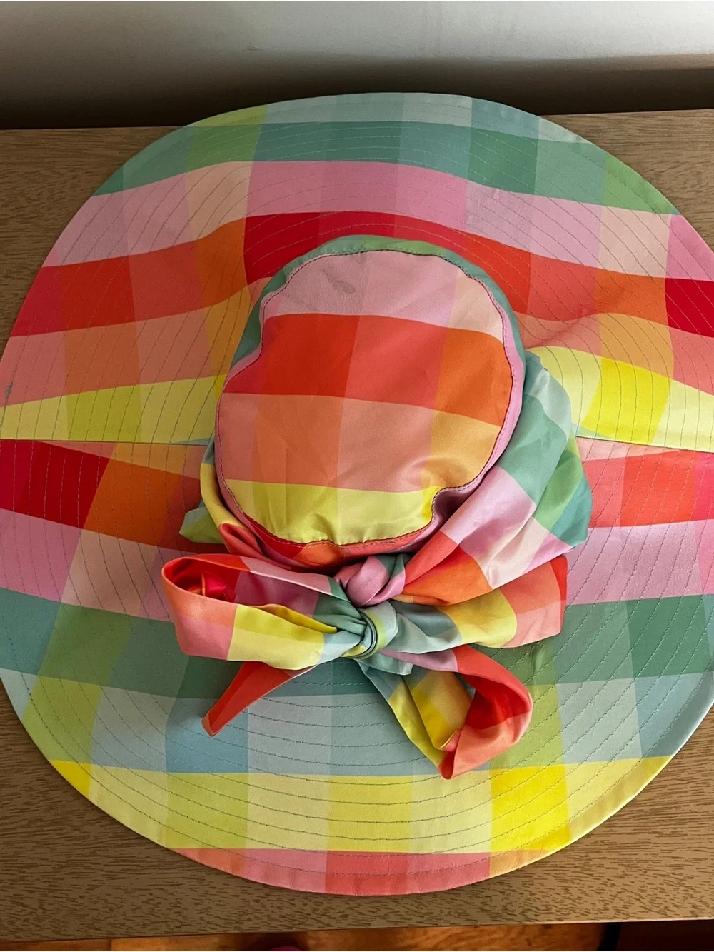 Farm Rio Tropical Garden Sun Hat OS Multi Lime Painted Birds Striped Wide Brim